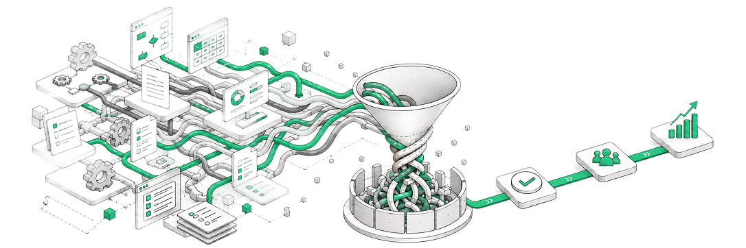 Complex processes and technology funneling into a central system, illustrating misaligned operating models and their impacts.
