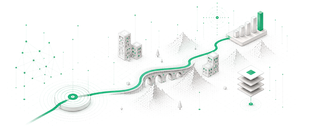 Abstract illustration depicting a pathway to success in B2B commercial growth consulting, featuring buildings and data points.