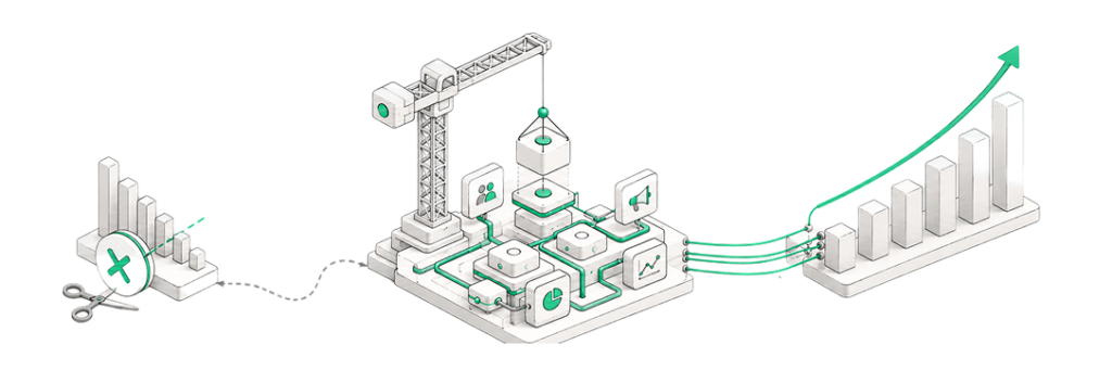 Illustration depicting the transformation from cost-cutting to growth through innovative commercial infrastructure design.