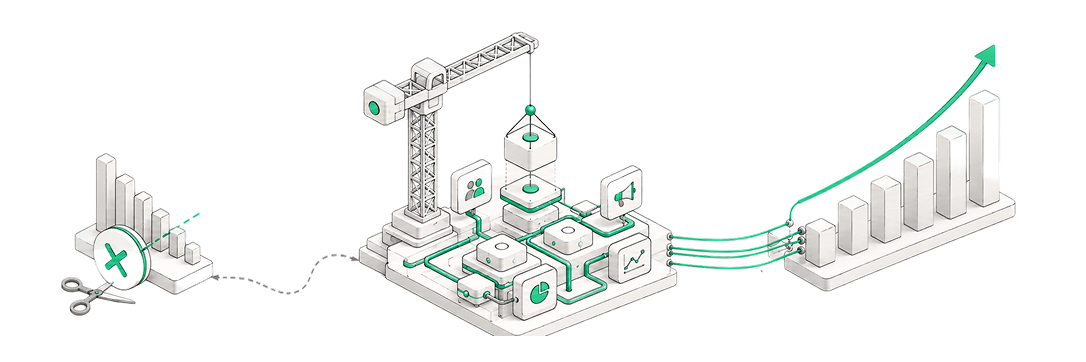 Illustration depicting the transformation from cost-cutting to growth through innovative commercial infrastructure design.