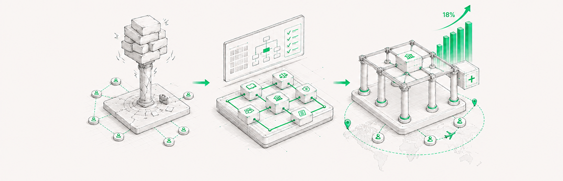 Visual representation of transitioning from partner-led growth to a structured institutional growth model with key metrics.