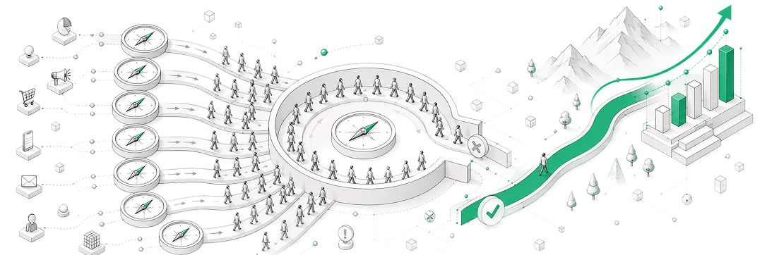 A visual representation illustrating how competitive imitation can hinder growth, featuring a compass and pathways.