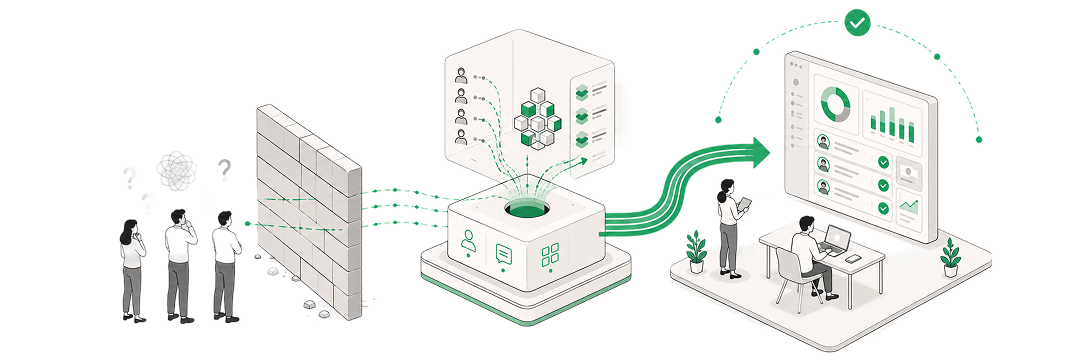 Visual representation of overcoming barriers in tech rollouts, illustrating data flow and user engagement.