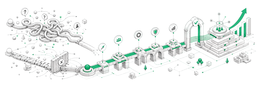 Illustration depicting a complex GTM architecture pathway designed for scalable growth, featuring interconnected elements and symbols.
